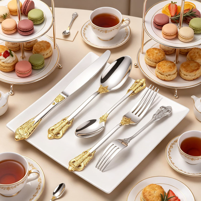Ensemble de couverts 20 pièces de luxe, ensemble de couverts en acier inoxydable 304 avec accents dorés, ensemble de couverts polis miroir pour un dîner raffiné et des occasions spéciales