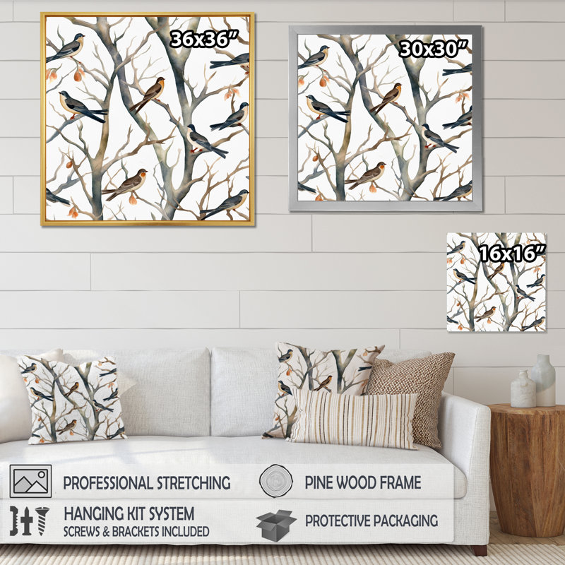 «Little Birds On The Tree Branches VI», reproduction d'art sur toile, H 16 po x l 16 po x P 1 po, Cadre flottant noir