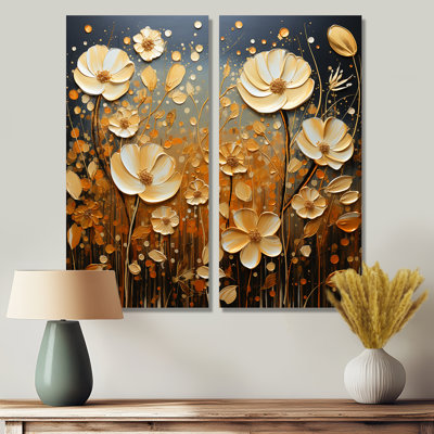 Wildflowers Golden Petals Pointillism Dot - Yellow Traditional Canvas Prints 2-Panels