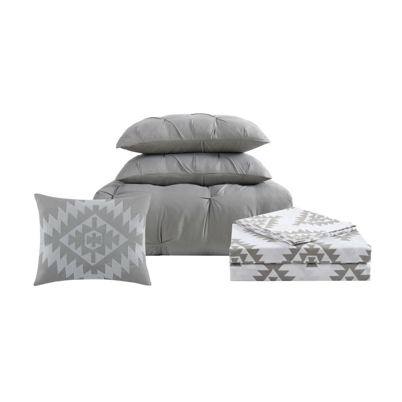 Ensemble d'édredon moderne et contemporain en microfibre Pueblo, Gris, Édredon double et 5 pièces supplémentaires