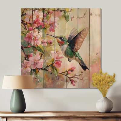 Colibri dans les fleurs II - Art mural en bois animal colibri - sur bois de pin naturel
