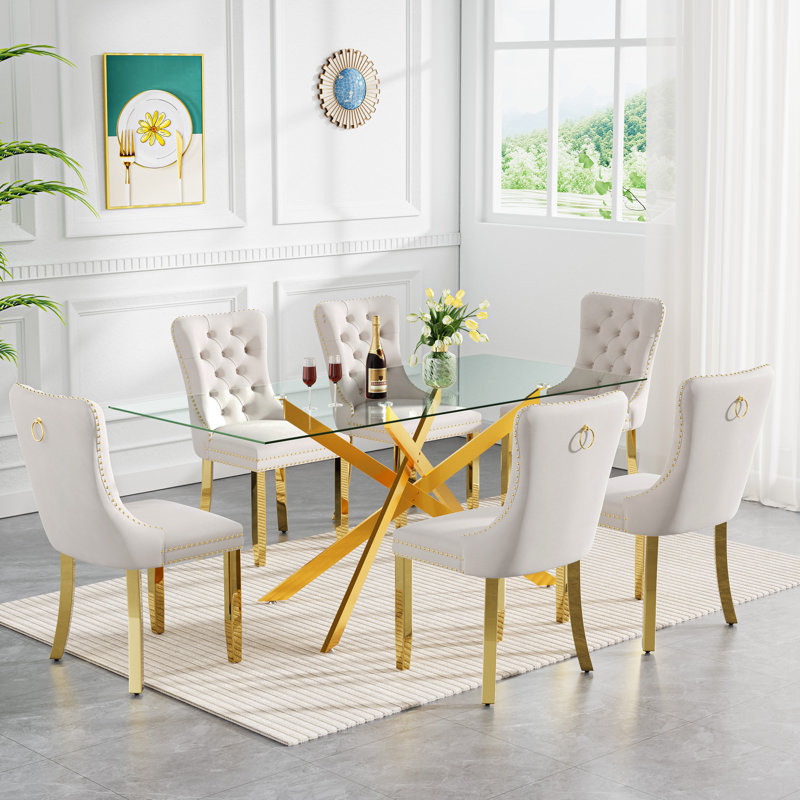 Darlene 60" Glass Dining Table Set Modern Dining Room Table Set  X-Shape Pedestal Glass Table with Dining Chairs, Dining Set for Dining Living Room