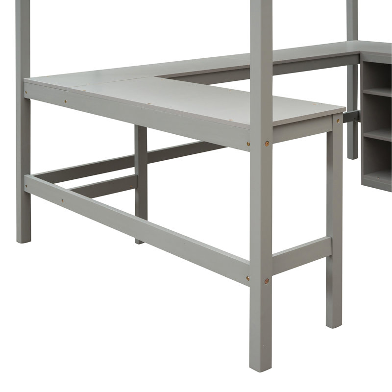 Lit mezzanine double avec tablettes et bureau, lit mezzanine en bois avec bureau, Gris