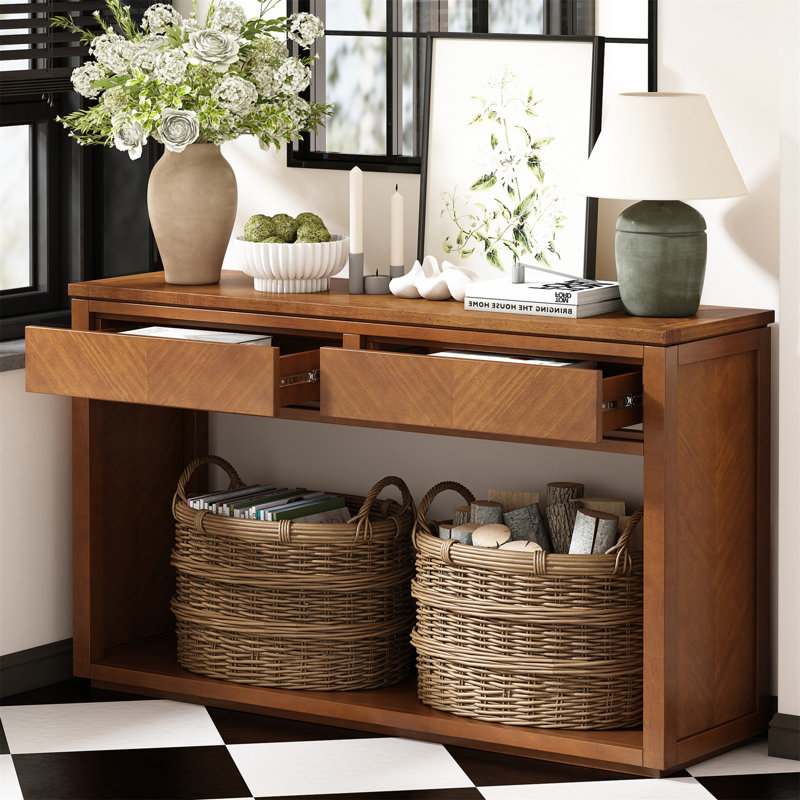 55" Console Table, Rustic Wooden Entryway Table With Storage Drawers And Open Shelf, Elegant Sofa Table For Hallway And Living Room
