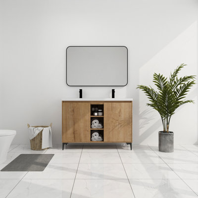 Meuble-lavabo autoportant avec lavabo double, charnière de porte à fermeture douce