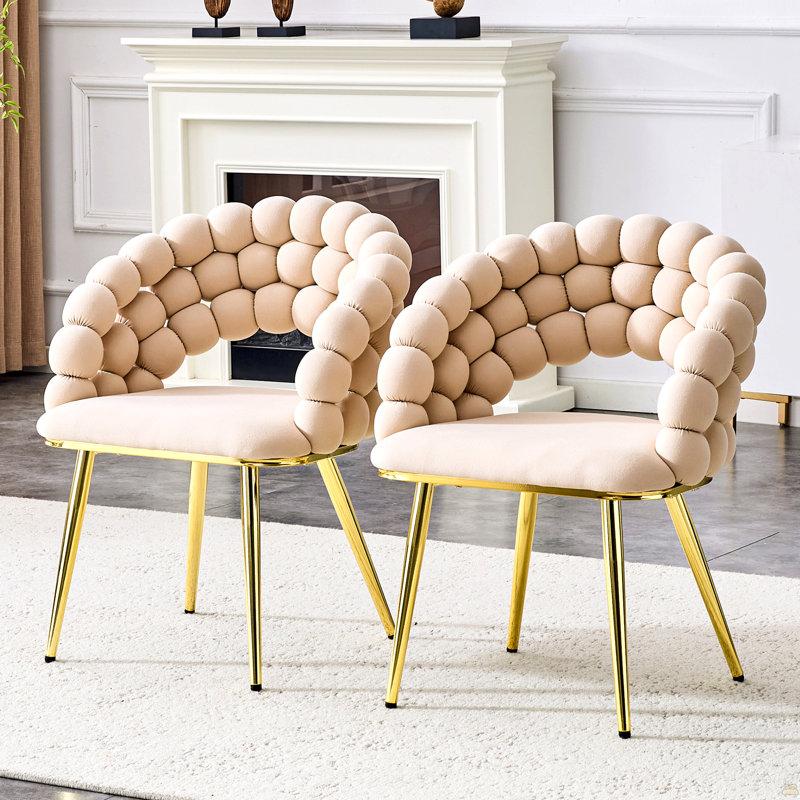 Ensemble de 2 chaises de salle à manger en velours avec chaînes et boules plaquées or, Beige, Doré