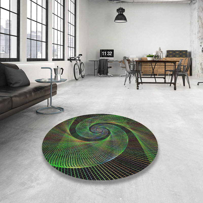 Laine tissée à la machine abstraite et polyester noir/jaune Tapis décoratif, Rond 7 pi