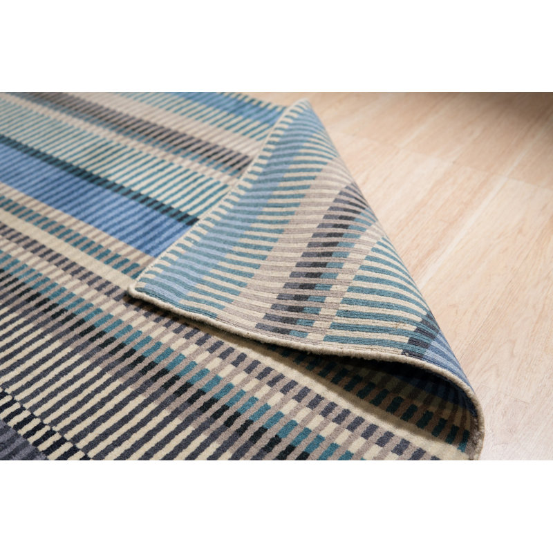 Blue Hand-Knotted Wool Striated Color Block Geometric Modern Contemporary Carpet Rug, 8' x 10'