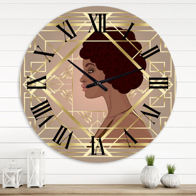 Retro Women In Golden Art Deco Geometrics II - Modern wall clock