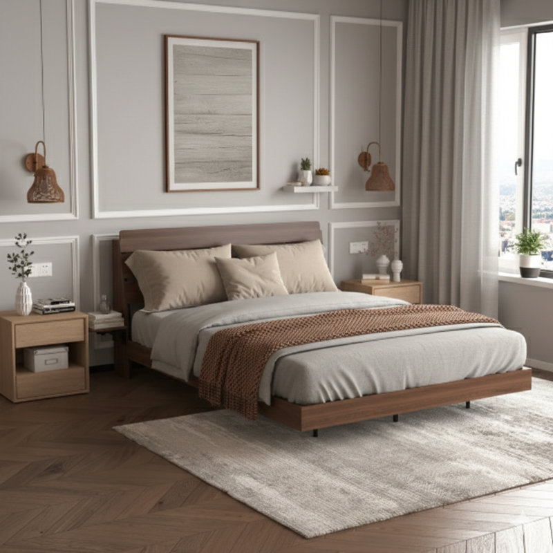 Base de lit flottante pour grand matelas, comprend des lumières DEL et une station de charge. Structure de lit en bois pour grand lit avec tête de lit, aucun sommier nécessaire, facile à assembler, finition noyer.
