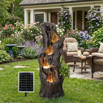 Fontaine à énergie solaire de 39,4 po de hauteur avec lumières DEL, tronc d'arbre en cascade en résine, fontaine d'eau de jardin autoportante pour patio, cour et cour