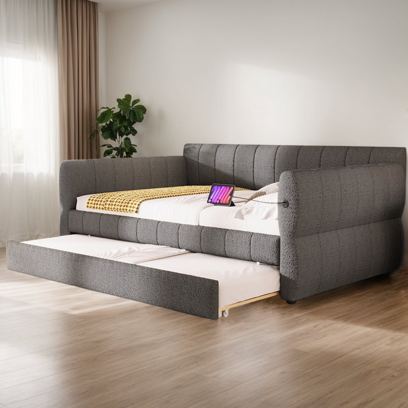 Grand lit tapissier avec couchette peu encombrant - chargement USB, structure robuste, sans sommier, gris