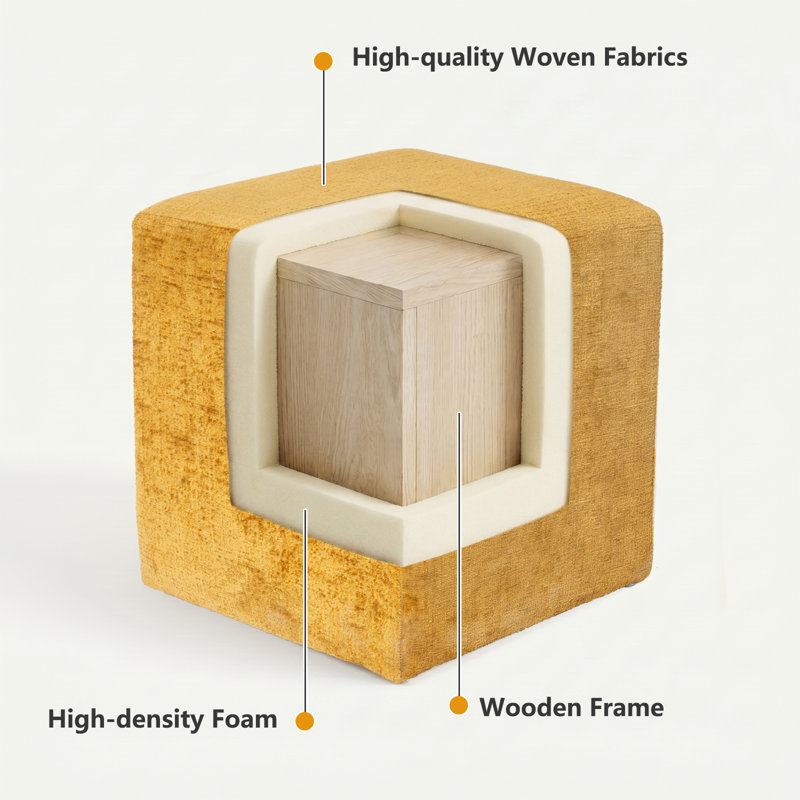 Modern Square Upholstered Ottoman with Solid Wood Frame Set Of 2, Yellow