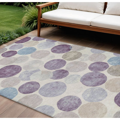 Tapis extérieur lavable à motif géométrique 9 pi x 12 pi beige et bleu denim