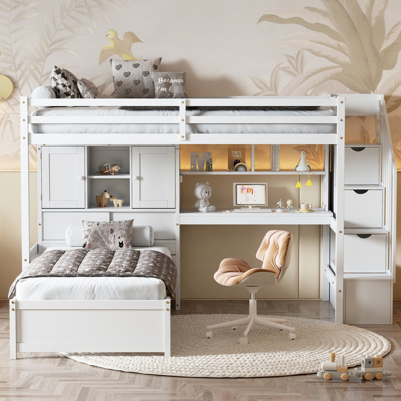 Lit simple mezzanine avec escalier, rangement et bureau dans un espace intégré de teinte blanche, White