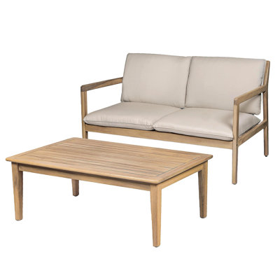 Outdoor Acacia Wood Loveseat with Coffee Table, Light Teak Frame, Beige Cushion