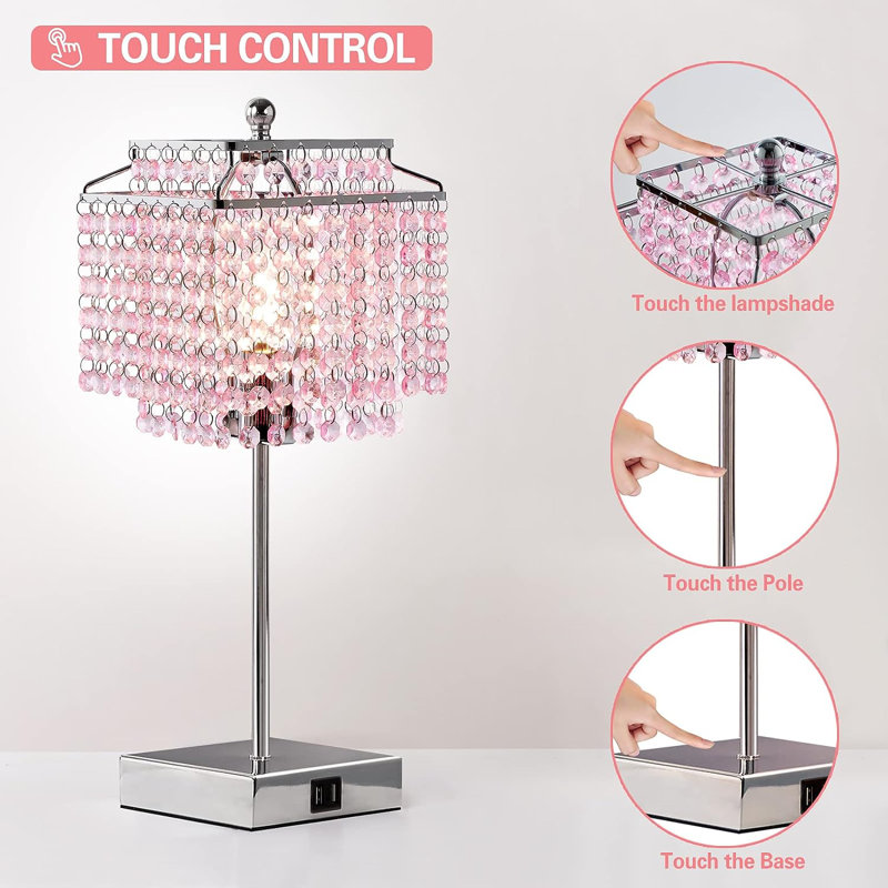 Deyontae Crystal Touch Table Lamp with USB C+A Ports, 3 Way Dimmable Lamp with Crystal Shade, Silver, Pink