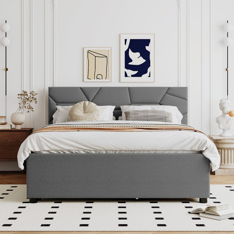Embra Upholstered Platform Bed, Gray, Queen