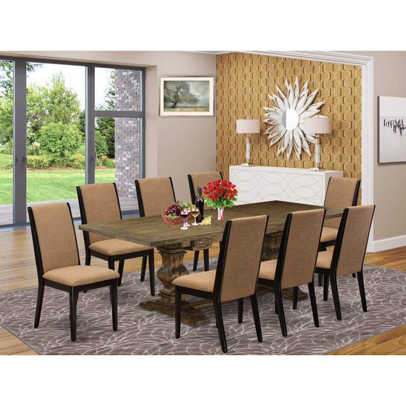 Cet ensemble de salle à manger 9 pièces comprend une table rectangulaire en bois avec rallonge amovible et 8 chaises de salle à manger Parson
