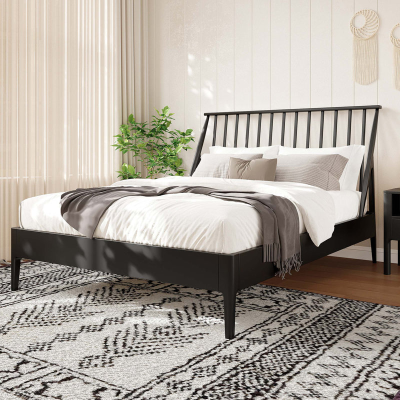 Spindle Platform Queen Bed With 46.5" Tall Headboard, Bohemian Bed Frame With Wooden Slats And Metal Support, Mid-Century Modern Style,No Box Spring Needed