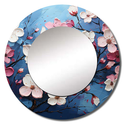 Rondarious Blue And Pink Dogwood Blossoms II - Dogwood Decorative Mirror, Traditional Round Wall Mirror, Printed Metal Art