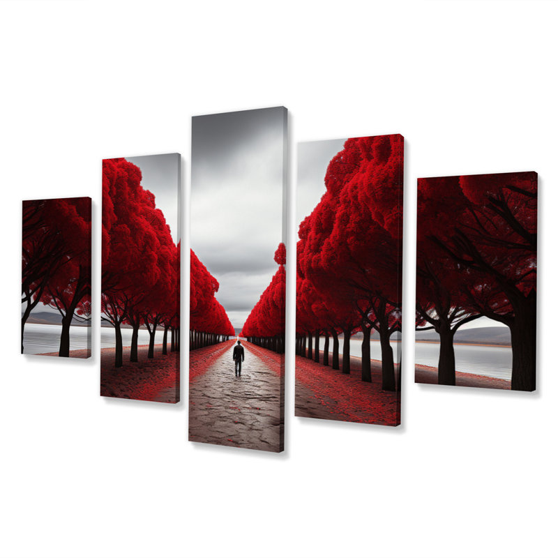 Décoration murale arbre rouge et gris Solitude II - paysage arbres - 5 panneaux