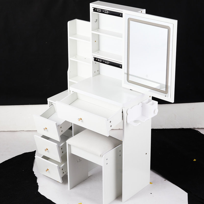 Compact Left Bedside Vanity With Comfy Stool, Extraordinarily Enormous Touch-Control Sliding Led Mirror, 2 Ac + Power Outlet, Hairdryer Holder, Switchable , , , Ul Approved, White American Style