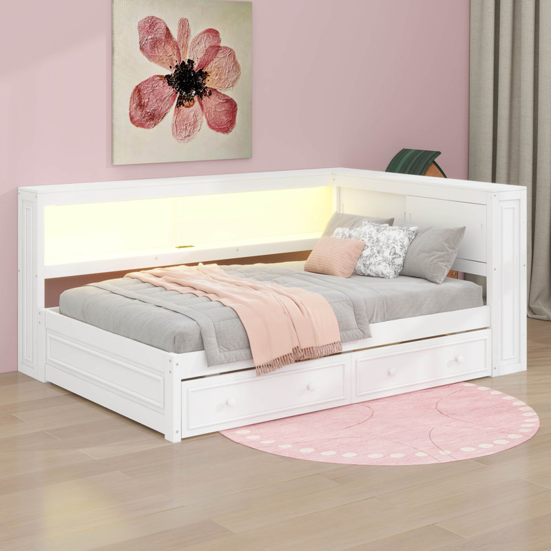 Full Corner Bed Frame With Storage Drawers And Shelves, Wood Corner Platform Bed With LED Light And Charging Station Modern Corner Daybed