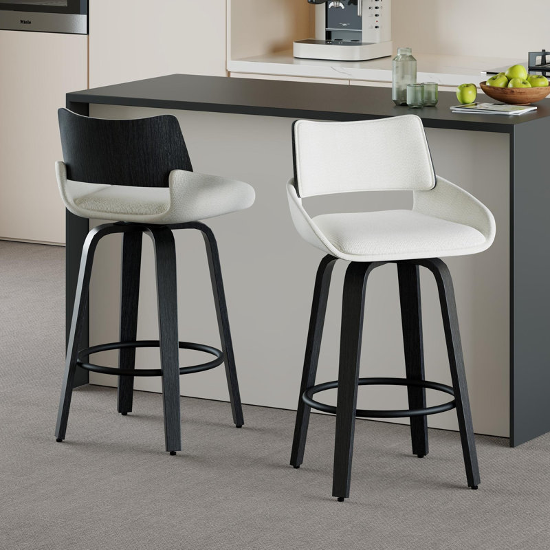 26'' Modern Swivel Upholstered Counter Stool With Bentwood Legs, White Seat/Black Frame