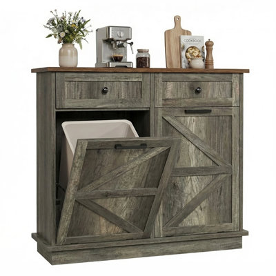 Double Tilt Out Trash Can Cabinet With 2 Drawers, Freestanding Hidden Garbage Cabinet, Rustic (not Include Trash Can)