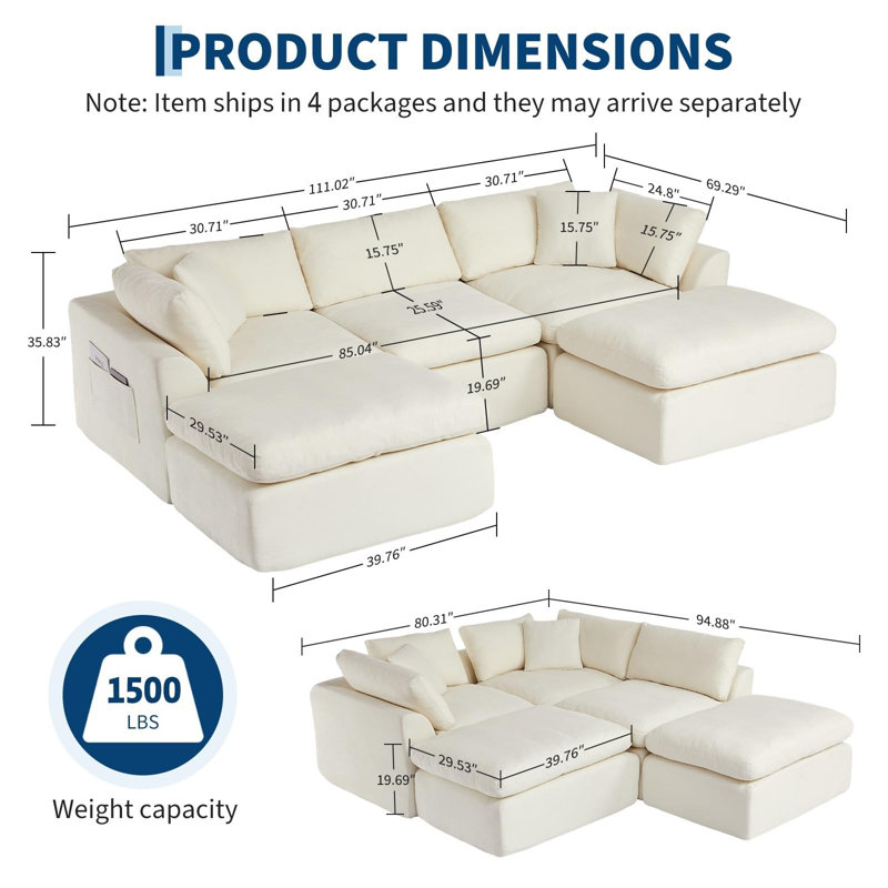 Canapé modulaire en U modulaire, canapé 5 places avec sièges profonds de 25,59 po, tissu chenille doux, housses lavables, livraison compressée, grand canapé de salon