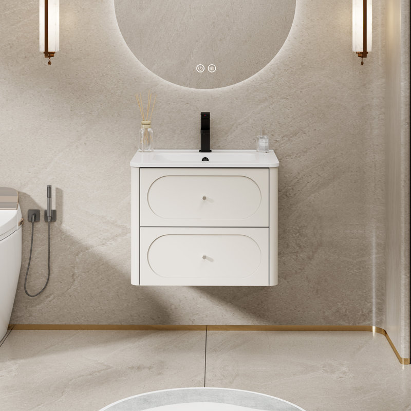 Meuble-lavabo mural 24 po avec comptoir intégré, meuble-lavabo flottant moderne peint à la main avec 2 tiroirs et bords arrondis