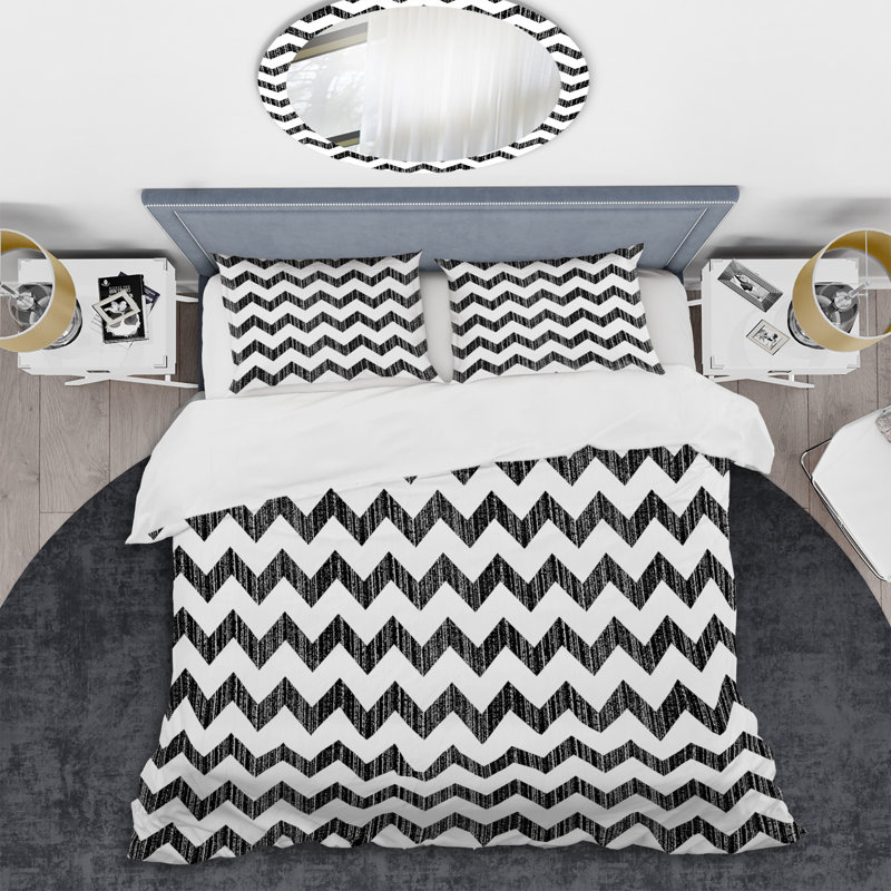 Chevron horizontal noir - ensemble de housse de couette abstrait - microfibre de polyester