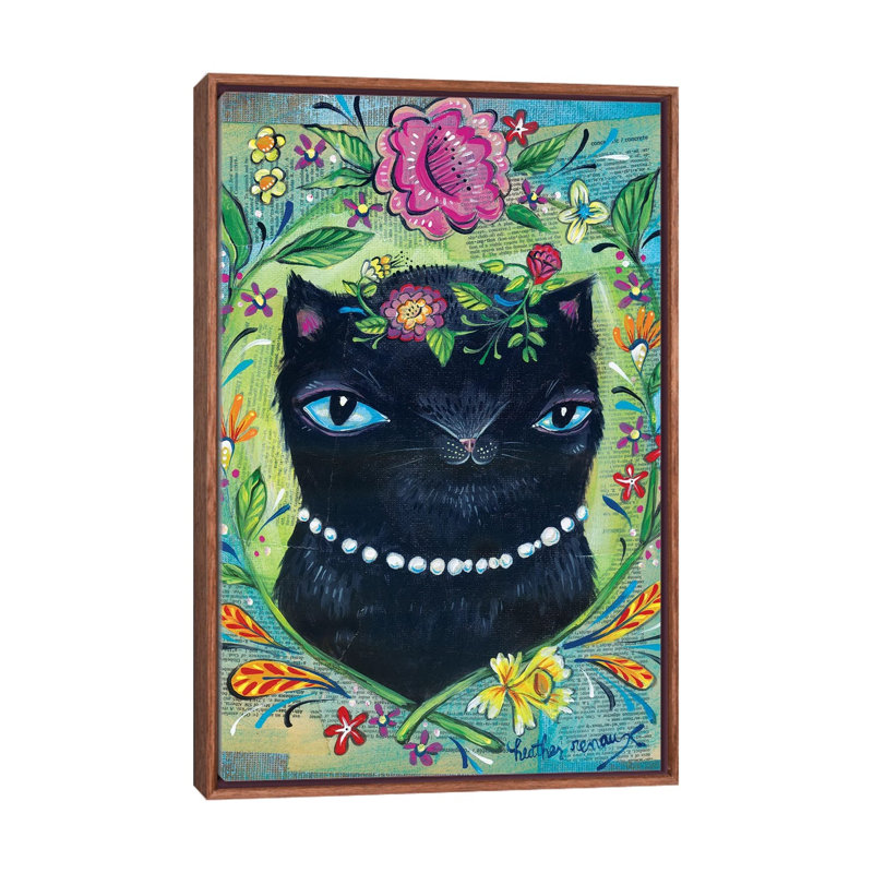 «Black Kitty» par Heather Renaux - reproduction d'art, H 40 po x l 26 po x P 1,5 po, Toile avec cadre brun, Pas de tapis