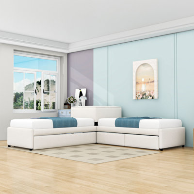 L-Shaped Upholstered Platform Bed with Built-In Storage Drawers and Trundle