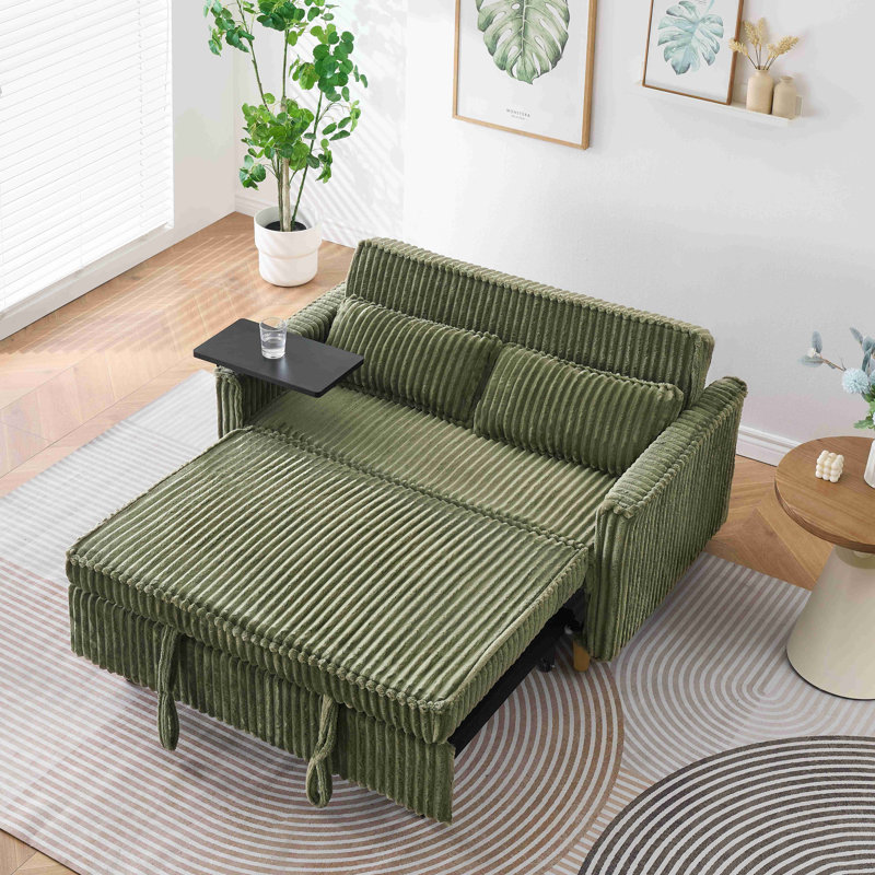 Pull-out Sofa with a Movable Tabletop and USB Ports, Green