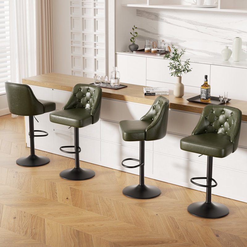 360-Degree Rotatable Faux Leather Bar Stool With Button Stitching, 4, Dark Green
