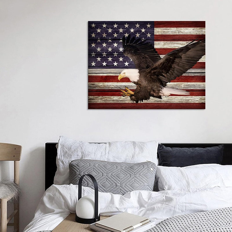 «Rustic American Flag Bald Eagle», art mural patriotique rouge et bleu sur toile pour salon, chambre à coucher, décor de bureau