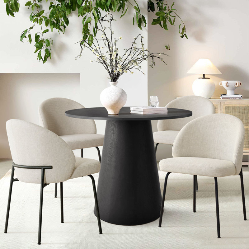 5-Piece Round Dining Table Set For 4 With Black Pedestal Table And 4 Upholstered Chairs, Beige