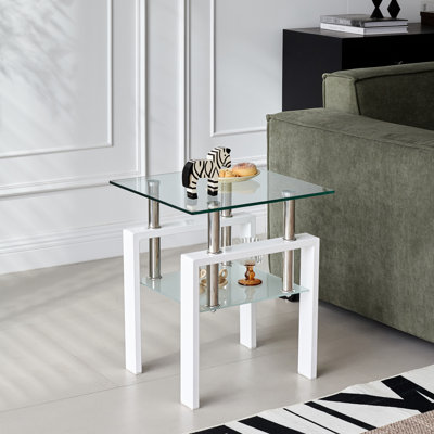 Table de bout en verre trempé transparent, 2 rangements pour l'élégant salon, optimisation de l'espace