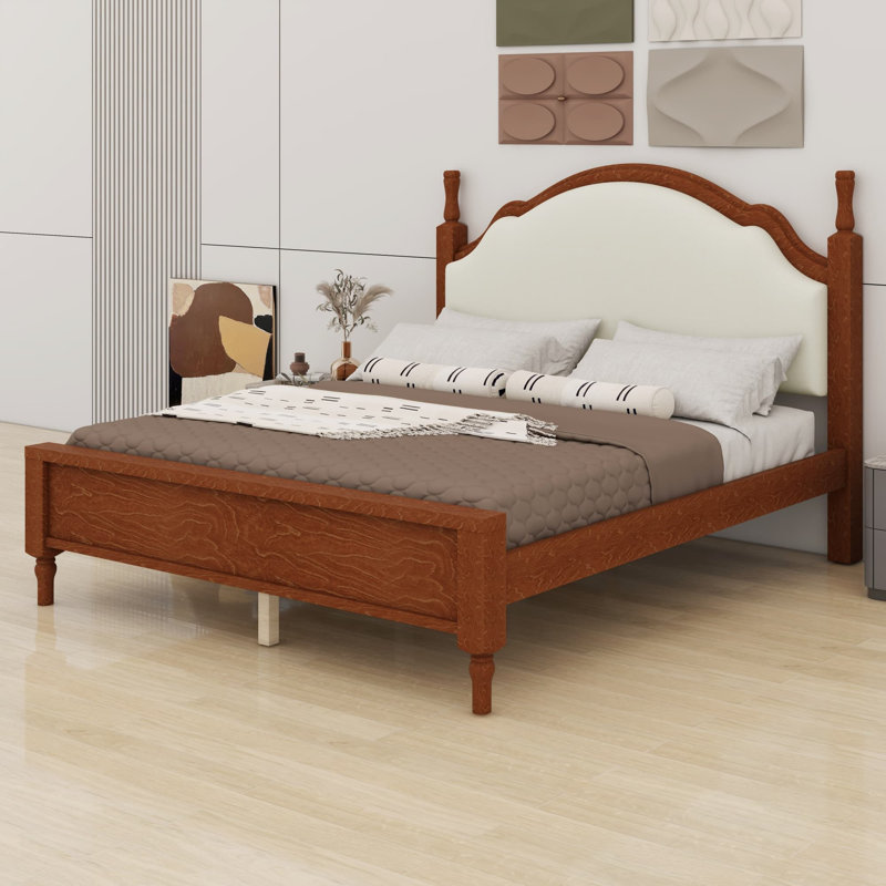Base de lit plateforme classique en bois avec tête de lit tapissier luxueuse, Cadre brun + tissu beige