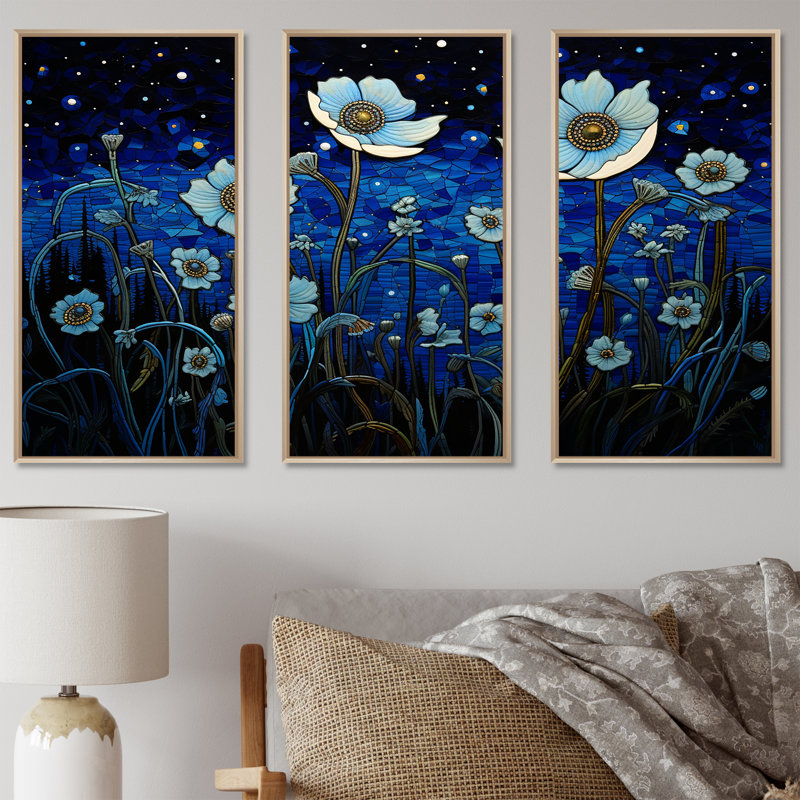 Ensemble de salon d'art mural au clair de lune Flower Field Dreams II - Fleurs sauvages, Cadre naturel flottant