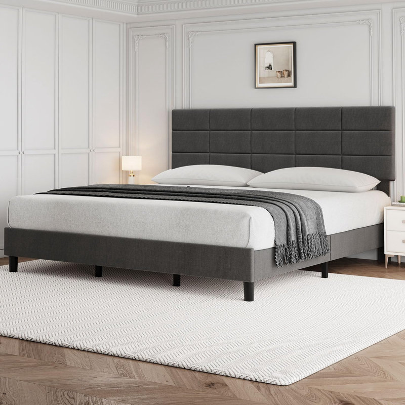 Bed Frame With Headboard, Sturdy Metal Frame With Solid Wooden Slats Support, King
