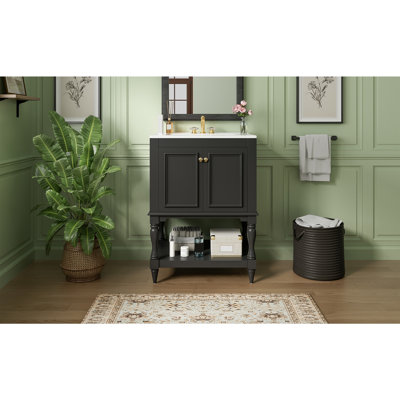 Meuble-lavabo de luxe moderne 24 po avec lavabo en céramique, armoire de salle de bain avec tablette ouverte et rangement fermé
