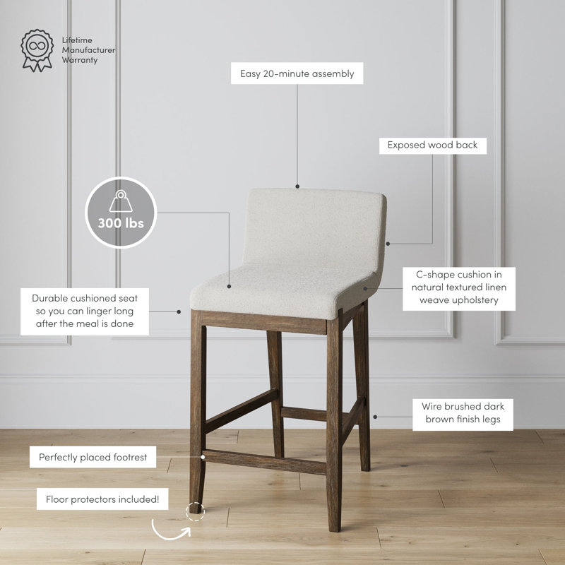 Exposed Back Upholstered Counter Stool with Solid Wood Legs, 4-Pack, Cream Boucle/Dark Brown, 4