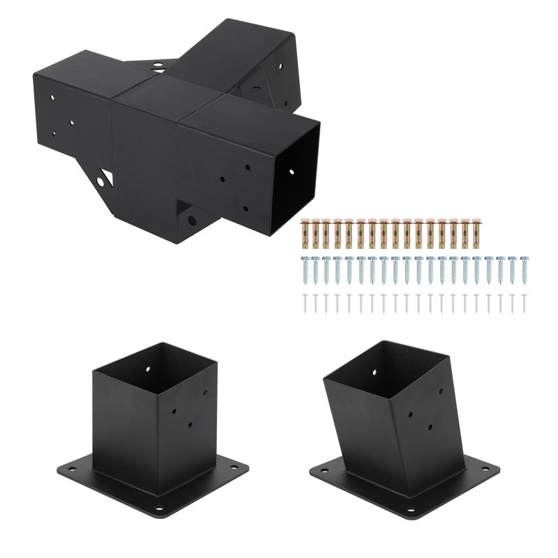 Heavy Duty 4x4 Pergola Bracket Kit – 15° Angled 4-Way Slanted Roof Wall Mount, Black Steel Connectors for DIY Outdoor Patio, Gazebo, Carport, and Garden Structures – Tilt 3-Piece Set