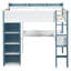 Lit mezzanine double en bois pleine grandeur avec tablettes de rangement intégrées, tringles à vêtements et bureau, blanc et bleu-577808339