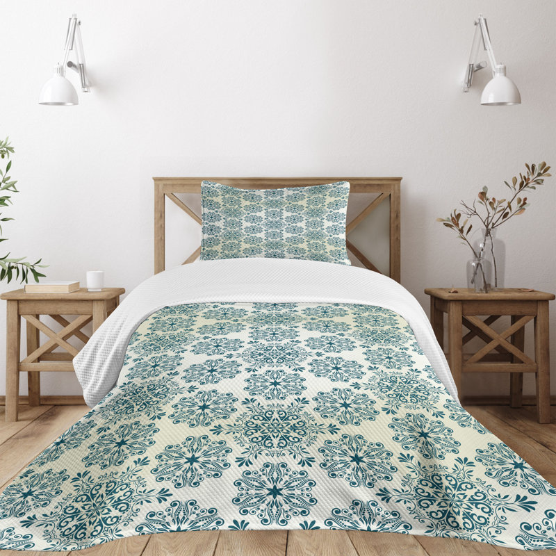 Ambesonne Winter Bedspread Set  Mandala Style  Teal Cream, Twin Coverlet / Bedspread + 1 Standard Shams