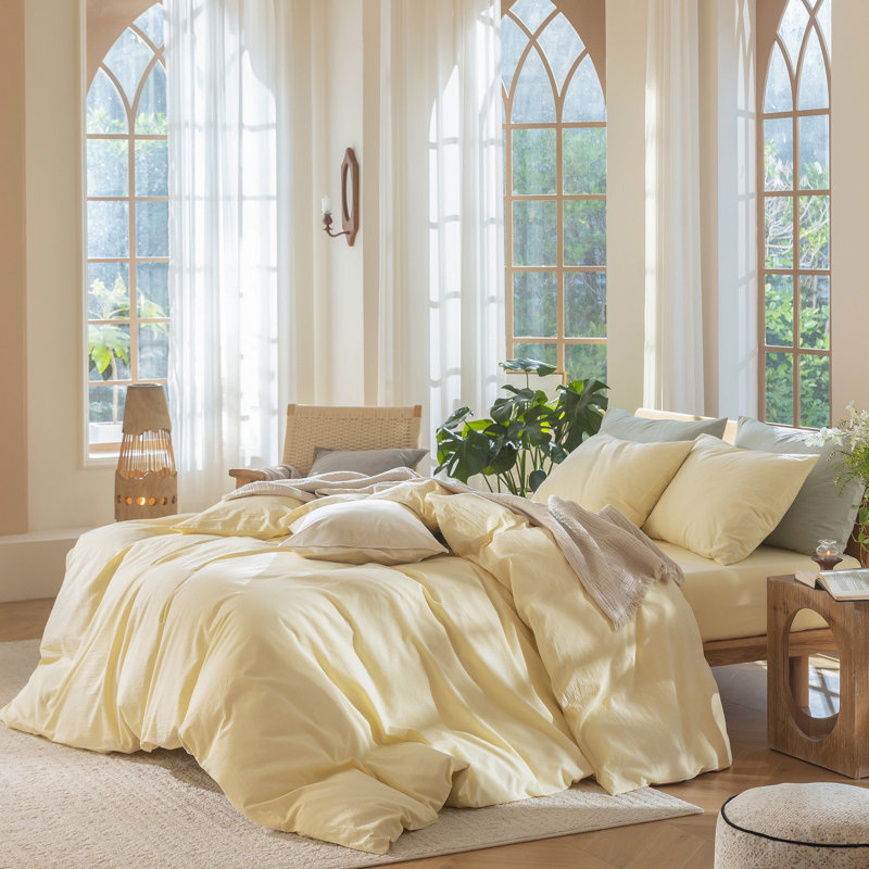 MooMee Duvet Cover Set 100% Washed Cotton Linen Like Textured Lightweight, Full Duvet Cover + 2 Standard Pillowcases