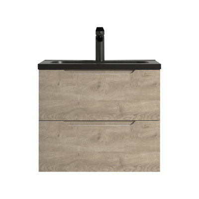Passonno Bathroom Wall-mounted Single Sink Vanity With Black Quartz Sand Top And Natural Wood Finish Vanity